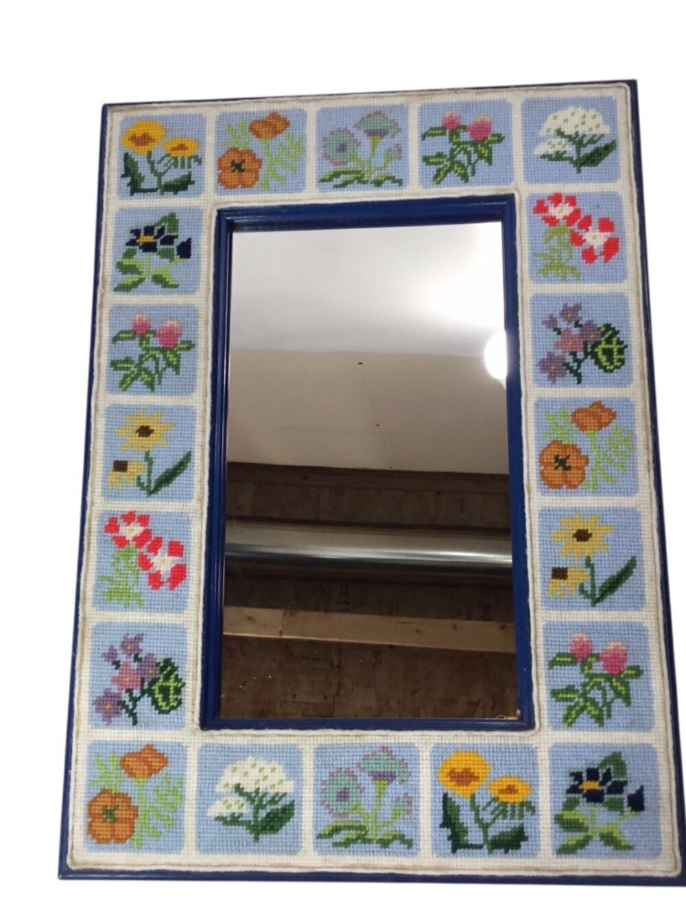 Vtg Finished Framed Needlepoint Wall Mirror Flowers Floral 23 x 16.5 Handmade
